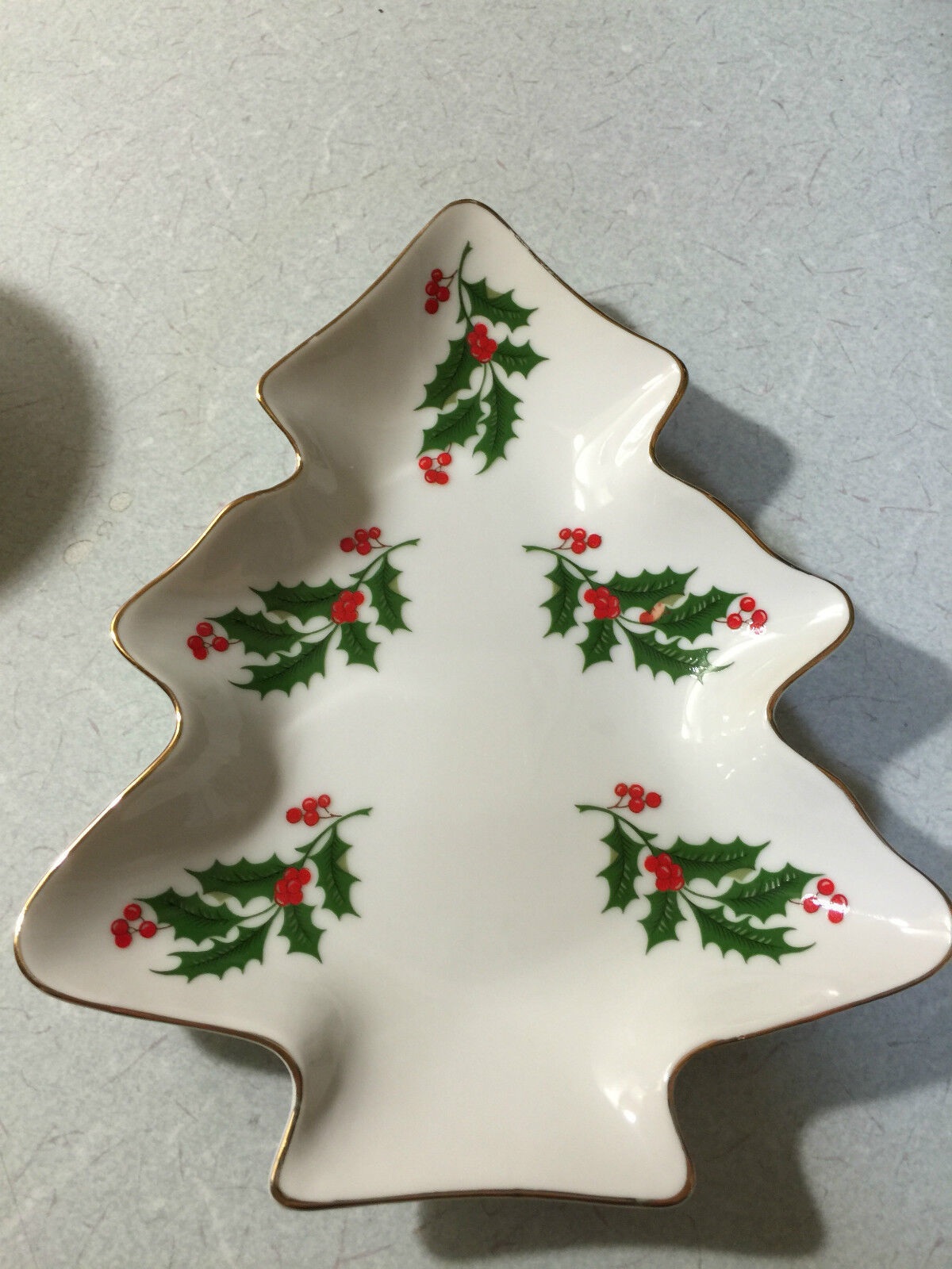 Christmas Tree Porcelain Nut Candy Dish Holly and Berries w/ Gold Trim ~... - $7.91