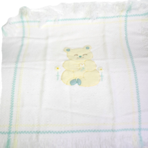 VINTAGE WHITE GREEN + YELLOW BABY TEDDY BEAR KNITTED QUILT SECURITY BLANKET - $56.05