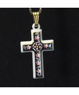 Porcelain Cross Pendant w/Painted Flowers Goldtone Bale Chain 29&quot; Long R... - €7,70 EUR