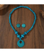 Wooden Women&#39;s Boho Chic Beaded Necklace &amp; Earring Set Stretch Turquoise... - $27.38 CAD