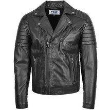 DR145 Men&#39;s Quilted Biker Leather Jacket Black - £146.71 GBP
