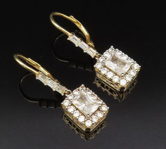 925 Silver - Vintage Elegant Gold Plated Topaz Square Frame Earrings - E... - $42.72