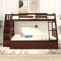 Twin-Over-Full Bunk Bed with Drawers，Ladder and Storage Staircase, Espresso - £512.75 GBP