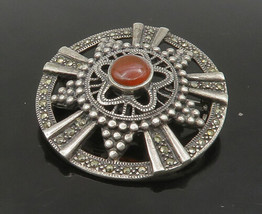 925 Sterling Silver - Vintage Carnelian &amp; Marcasite Floral Brooch Pin - BP8972 - $75.68