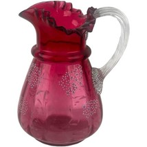 Victorian Art Glass Bohemian Cranberry Jug Pitcher Enamel Floral Decorat... - $70.13