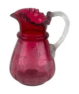 Victorian Art Glass Bohemian Cranberry Jug Pitcher Enamel Floral Decorat... - $70.13