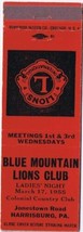 Lions Club Matchbook Cover Harrisburg PA Blue Mountain Lions Club Red - £1.13 GBP