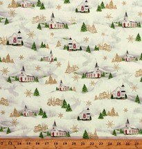 Cotton Christmas Pine Trees Churches Winter Ivory Fabric Print by Yard D402.91 - £11.32 GBP