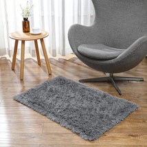  Small Area Rug, 2 x 3 Feet Machine Washable Throw Fluffy Grey Shaggy Soft Bedsi - £19.12 GBP