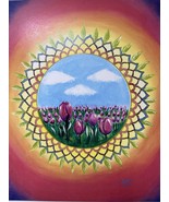 Art Print Of A Landscape Of Pink Tulip Field Surrounded By A Mandala - $14.85