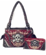 western rhinestone skull concho stitched handbag purse set red - $62.36