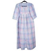 Miss Elaine Robe Housecoat S Womens Full Zip Plaid Blue Pink Short Sleeve - £20.46 GBP