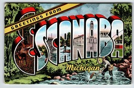 Greetings From Escanaba Michigan Large Letter Postcard Linen Fly Fishing Fish - £10.80 GBP