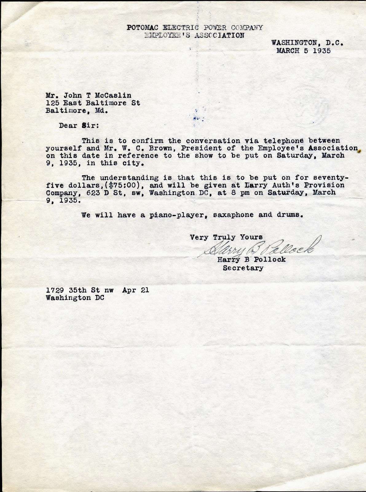 1935 POTOMAC ELECTRICAL POWER CO Washington DC Antique Letterhead Corres... - $11.99