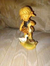 Vintage Girl Feeding Duck Fish Statue Figurine 5-3/8&quot; VTG T-1818 1968? Pigtails - £20.56 GBP