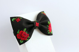Embroidered Bow Tie, Bow Tie With Red Rose, Cross Stitch Bow Tie, Unisex... - £20.45 GBP