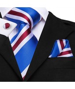 Sea Blue, Red, &amp; White Necktie, Hanky, &amp; Cufflinks Set, - $18.99