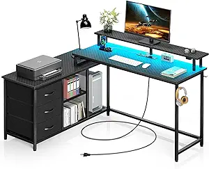 L Shaped Computer Desk With Drawers, Reversible Gaming Desk With Led Lig... - $277.99
