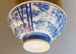 Blue and White Rice Bowl Bamboo Design Footed 4.5&quot; Diameter - £10.87 GBP