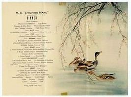 Chichibu Maru Dinner Menu 1931 NYK Line Ducks &amp; Cherry Blossoms Cover Sunk 1943 - $59.40