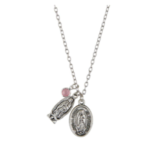 Our Lady of Guadalupe Devotional Medal &amp; Pink Charm Pendant Necklace Cat... - £7.85 GBP