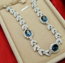 20Ct Oval Cut Blue Sapphire Diamond Vintage Tennis Necklaces 14k White Gold Over - £290.87 GBP