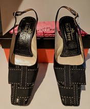 MICHEL PERRY Black Kidskin Leather Ribbon Weave Shoes Kitten Heels 37 7 w Box - $79.00