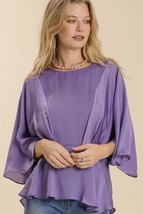 New UMGEE S M Purple Haze Washed Satin Kimono Sleeve Art Deco Top Peplum Hem - £18.70 GBP