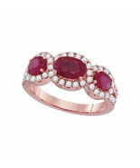 18kt Rose Gold Womens Oval Ruby Diamond 3-stone Ring 3 Cttw - £2,357.67 GBP