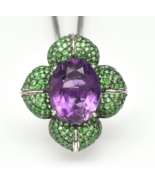 Stylish Natural Amethyst Oval Green Tsavorite Cut Sterling Silver Cockta... - $24,647.14 MXN