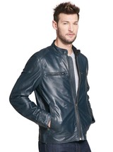 Mens Blue Leather Jacket Handmade Motorcycle Sheepskin Men Leather Jacke... - £94.81 GBP