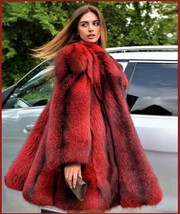  Red Hair Fox long Sleeve Dyed Faux Fur Full Knee Length Hip Coat Jacket image 3