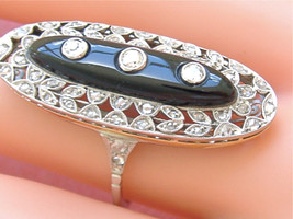 Antique Art Deco .45ctw Diamond Onyx Platinum Long Oval Cocktail Ring 1930 - £2,927.24 GBP