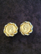 Greek Goddess Cameo Coin Clip On Earrings Yellow Gold Tone Vintage - £31.00 GBP