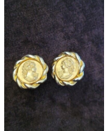 Greek Goddess Cameo Coin Clip On Earrings Yellow Gold Tone Vintage - £30.66 GBP