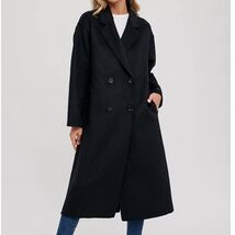 Double Breasted Longline Coat - Black Wool Blend Medium - $88.11
