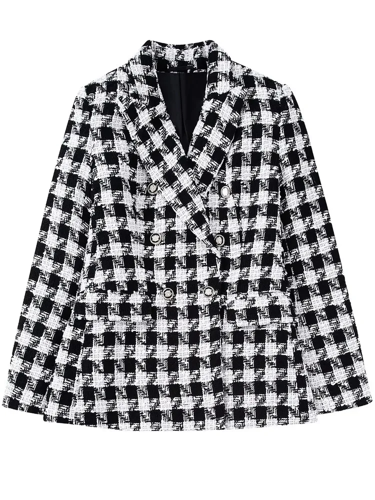 TRAF  Houndstooth Plaid Blazer Woman Black White Tweed Jacket Female Double Brea - £164.62 GBP