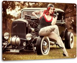 Red Light Sexy Pinup Girl Hot Rod Auto Garage Shop Cave Decor Large Metal Sign - £19.74 GBP