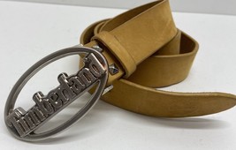 Timberland Leather Belt Mens 36 Beige Brown Silver Logo Buckle - $16.83