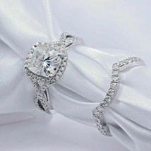 Bridal Ring Set 2.90Ct Cushion Cut Simulated Diamond 14K White Gold in Size 8.5 - £244.25 GBP