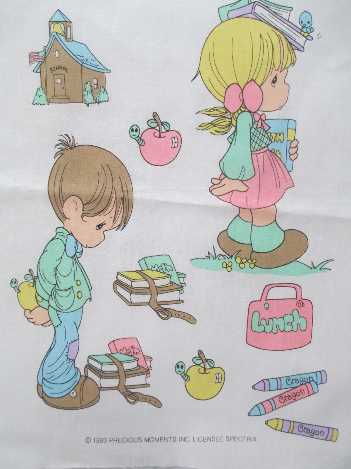 Primary image for Fabric Squares 15" x 17" Vintage Precious Moments "Off to School" 6 same sqs $5