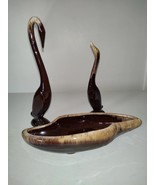 VTG EUC 3 Pc MCM Redware Art Set Brown Drip Glaze 2 Swans &amp; Abstract Bow... - $44.55
