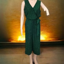 She &amp; Sky Glittery Shimmery Jumpsuit L Wide Leg Knit Faux Wrap Tie Green Flowy - £28.59 GBP