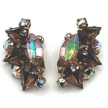 Vintage Aurora Borealis and Amber Rhinestone Gold Tone Setting Clip On Earrings - $23.38