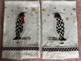Mackenzie Childs Courtly Check Penguins on Skis Guest Towels (Set of 2) New - £60.13 GBP