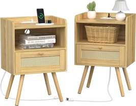 Superjare Nightstands Set Of 2, Night Stands With Charging Station &amp; Pe, Natural - £114.29 GBP