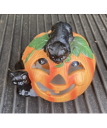 Ceramic Tealight Pumpkin with Black Cats Stands approximately 5 inches h... - $23.28 CAD