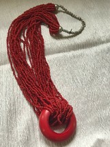 Estate Long Tiny Red Glass Beaded Multistrand with Large Plastic Open Circle Pen - $13.99