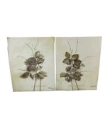 Art on Canvas Pair Of Flowers w Green Gold Leafs signed F. de VIlleneuve - $44.50