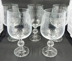 Bohemia Cascade Crystal Etched Wine Glasses Ball Stem Set of 5 Czechoslo... - $38.99